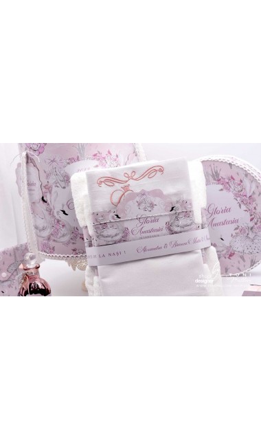 Trusou de botez cu lebede si motive florale personalizat pentru fete, Lebada alba 24